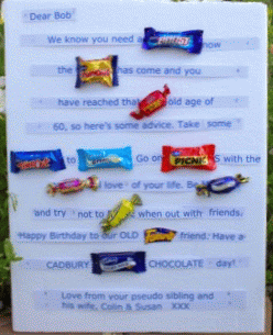 A 60th birthday candy bar card that Susan made 