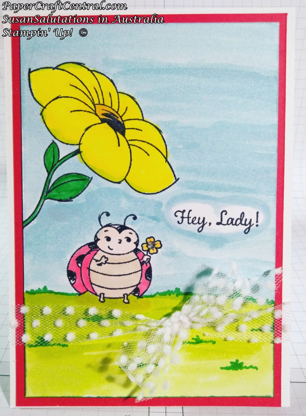 For this Little Ladybug card I stamped the ladybug, coloured her with Stampin' Blends, then masked her off to aqua paint the background with reinkers.