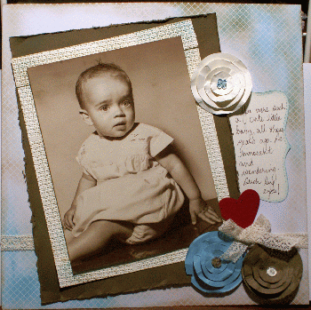 Retro layout, scrapbook, album, sponging, paper flowers