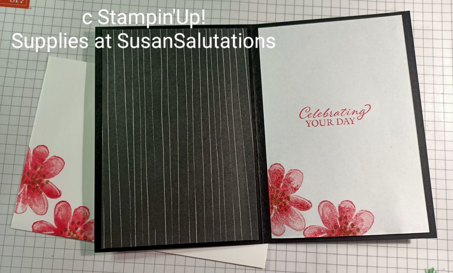 I enhanced the middle of my card with a piece of stripey designer series paper and some stamping. The envelope is stamped too. Gorgeous Posies Birthday Card