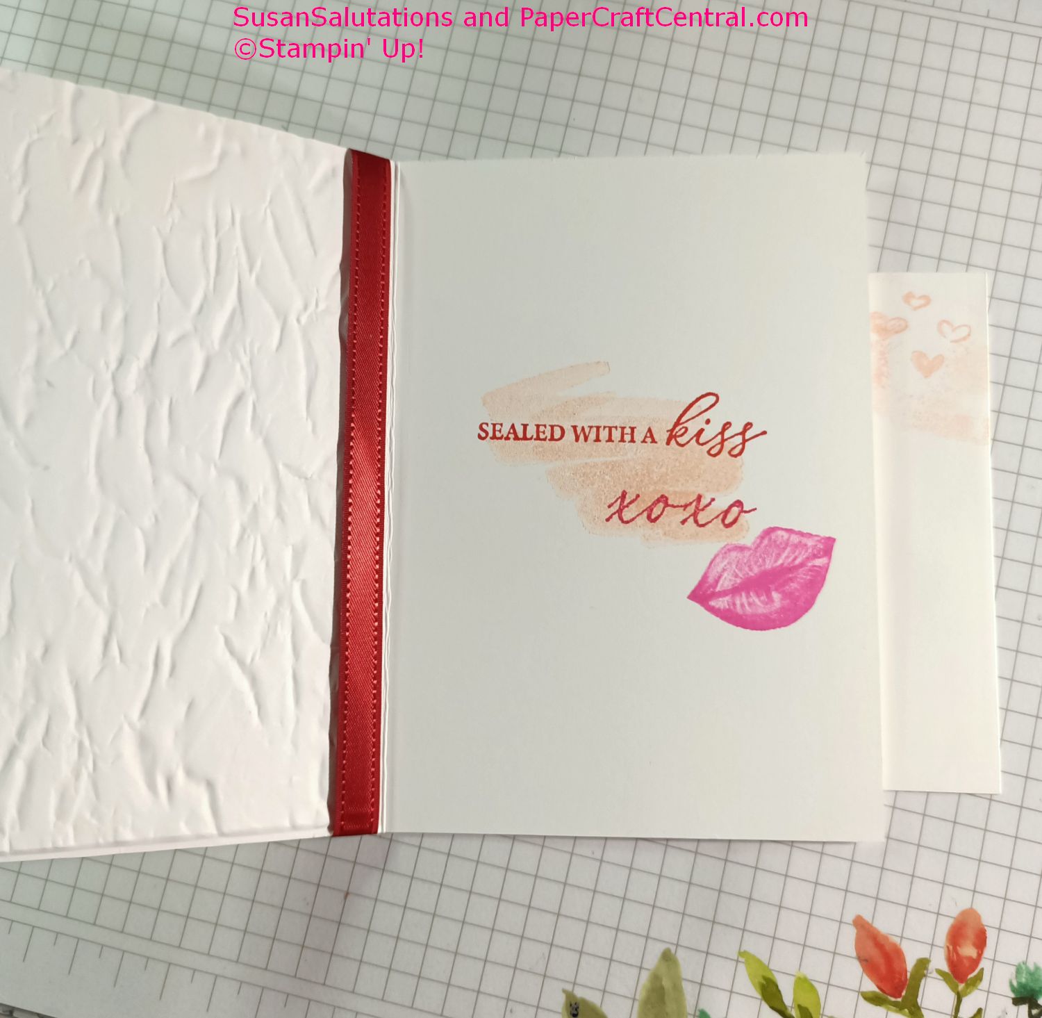 See the background stamp underneath the sentiment? I love that effect! I had fun choosing the lipstick colour as well. It's Magenta Madness. Hearts ad Kisses stamp set