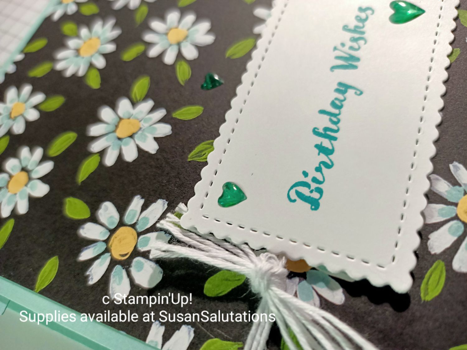 Here's a detail of my card front. I coloured my resin hearts with a Pool Party Blends pen. Itty Bitty Birthdays card